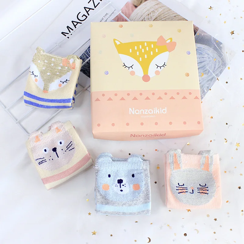Boxed Cotton Flax Children's Socks Cute Cartoon Animal Wild Cotton Boys and Girls Socks Breathable Warm Mid-Range Baby Socks
