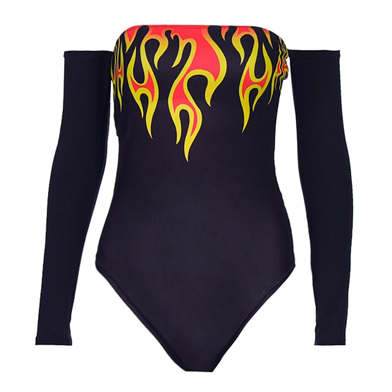 

93P9A1419K Summer fashion and leisure new women's wear bra flame printing long sleeve personalized one-piece women's wear