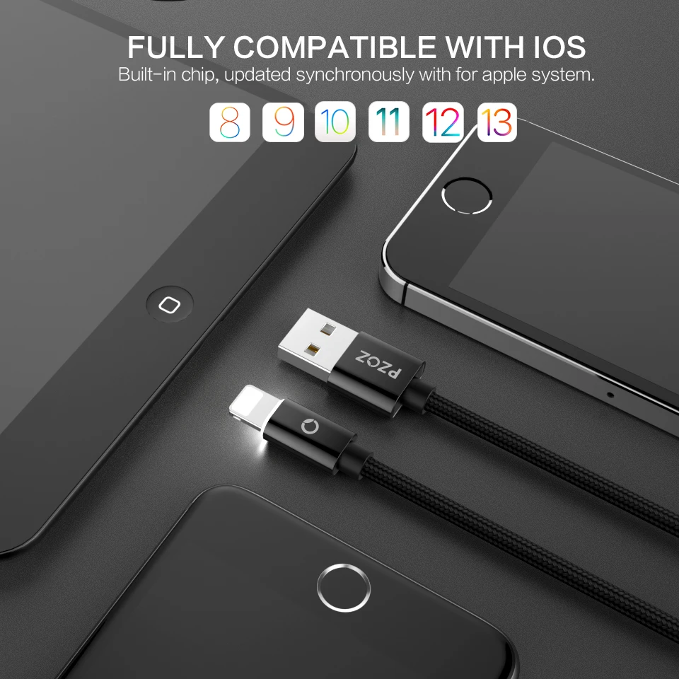 PZOZ кабель для iphone, зарядное устройство usb, быстрая зарядка для iphone x 8 6s 7 plus, светодиодный светильник, шнур для мобильного телефона, usb-кабель для передачи данных
