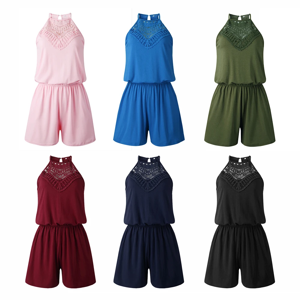 

Women Playsuits Sexy Sleeveless Hollow Out Lace Playsuits Casual Slim Black Red Short Jumpsuit Femme Rompers Female Jumpsuits