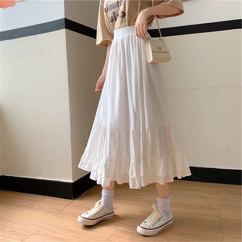 

Internet Celebrity High Waist A- line White Skirt Women's Summer Small Western Style Slimming Pleated Umbrella Skirt JK Long
