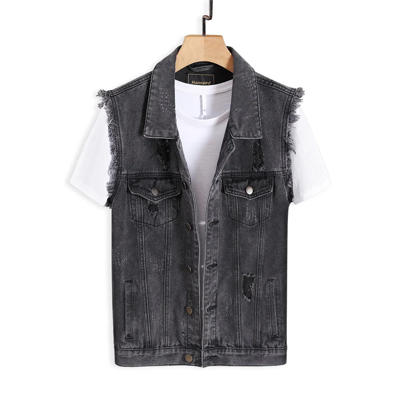 Мужской джинсовый жилет черно-серый рваный без рукавов в стиле хип-хоп