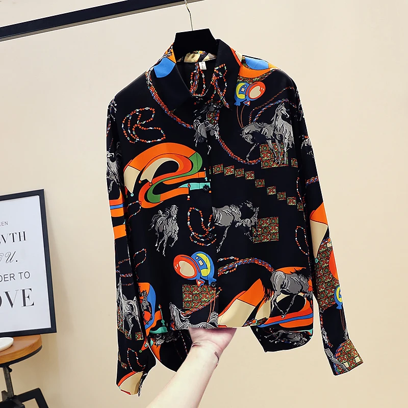 

Рубашка женская с отложным воротником, модная Свободная блузка с принтом в стиле ретро, Топ с длинным рукавом, GD441, весна-осень