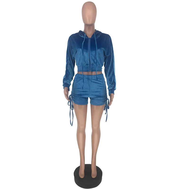 

RStylish Two Piece Set For Women Full Sleeve Velvet Zipper Hooded Crop Top Shorts Biker Suit Tracksuit Matching Sets Outfits New