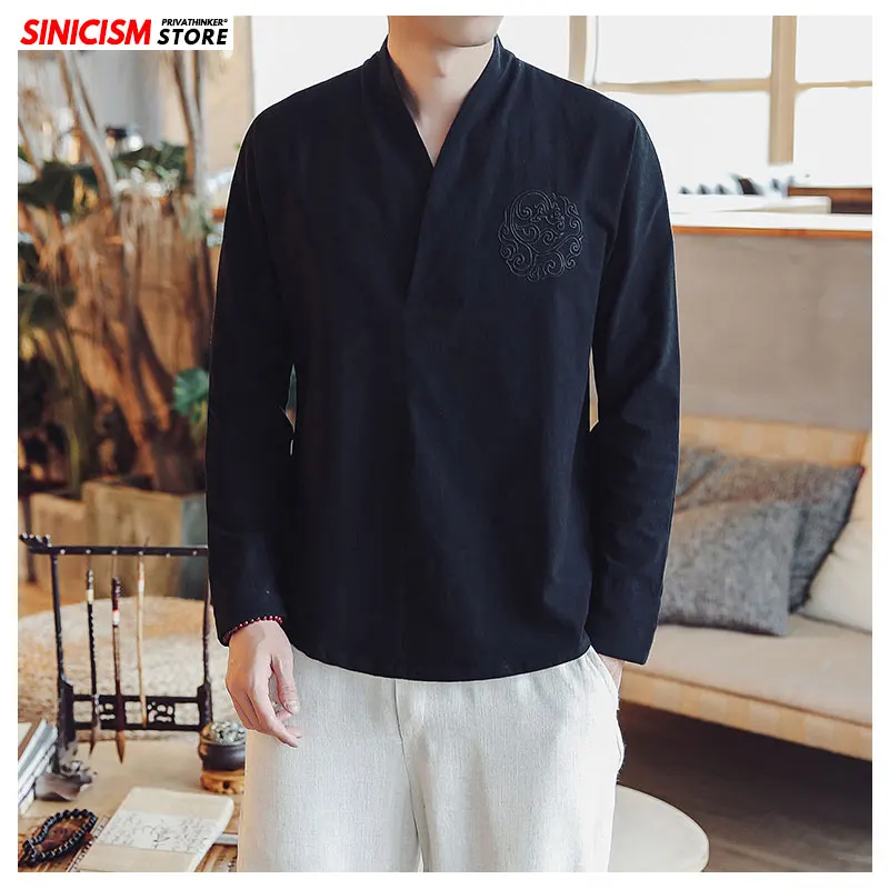 Sinicism Store мужской хлопок; Лен; с вышивкой футболки с длинными рукавами мужские оверсайз 3 цветные футболки мужские осенние повседневные футболки