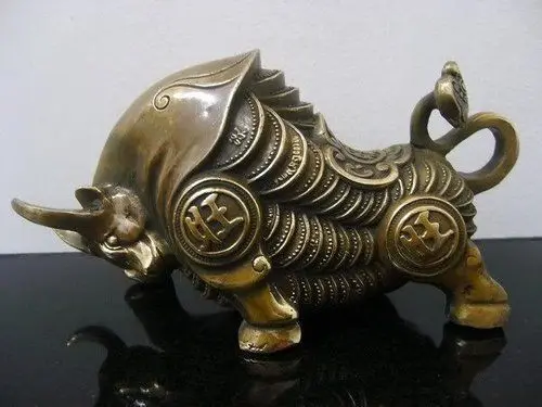 

19.5CM Collectible wealth luck TIBETAN BRASS BRASS BULL STATUE Vintage old copper wholesale Decoration real Brass