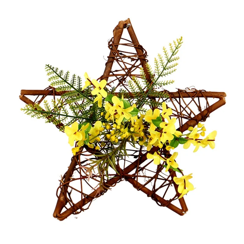 

Wall Hanging Artificial Flower Garland Star-Shaped Wooden Frame Pendant Faux Floral Wreath For Party Wedding Decor