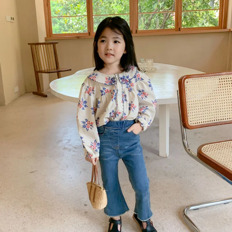 Новинка весна-осень 2021 рубашка для девочек топ с длинными рукавами и цветочным