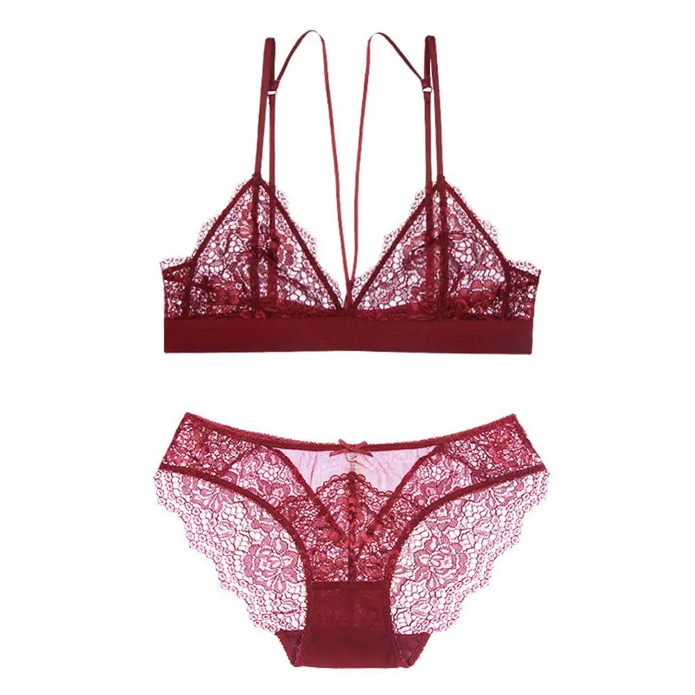 Sexy cross strap lace and no steel ring comfortable underwear ladies bra set black red green