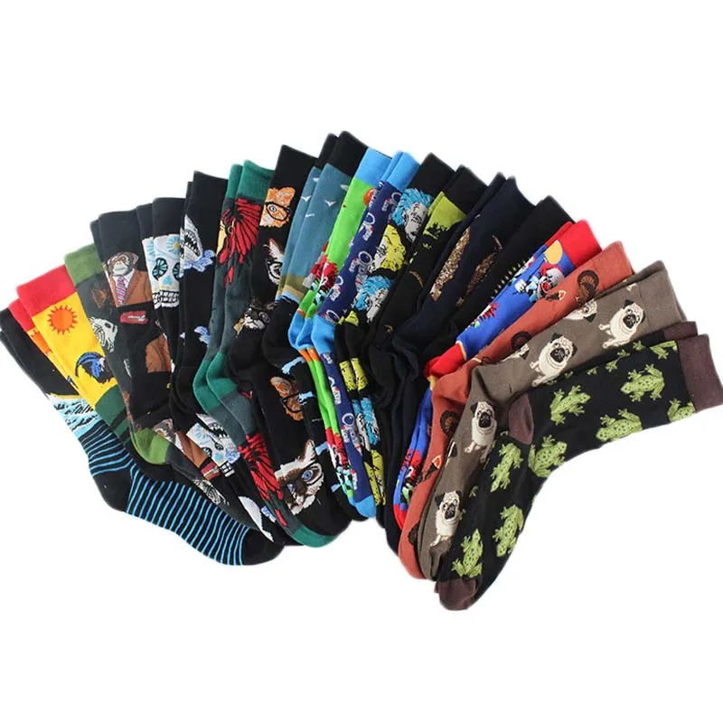 

1 Pair of New Middle Tube Pure Cotton Men's Socks Cartoon Animal Retro Oil Painting Shark Sports Couple Outdoor Running Socks