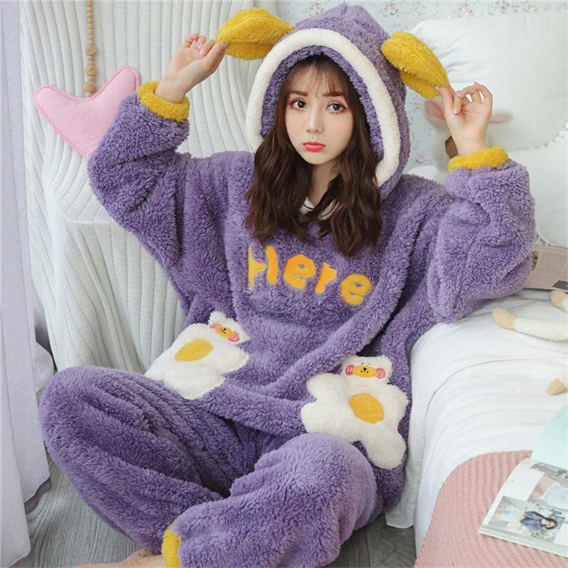 Coral Velvet Pajamas Women's Autumn and Winter Thickened Flannel Cute Cartoon Student Hooded Tracksuit Suit Sika Deer | Женская