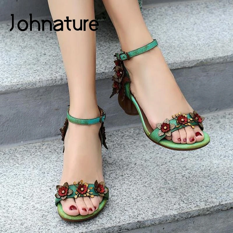 

Johnature Retro Sandals Buckle Strap Genuine Leather Women Shoes 2022 New Summer Sewing Casual Flower Handmade Ladies Sandals