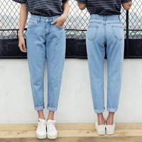 2021womens spring autumn high waisted cotton washed lightdeep blue black jeans straigh leg loose versatile cropped pants top
