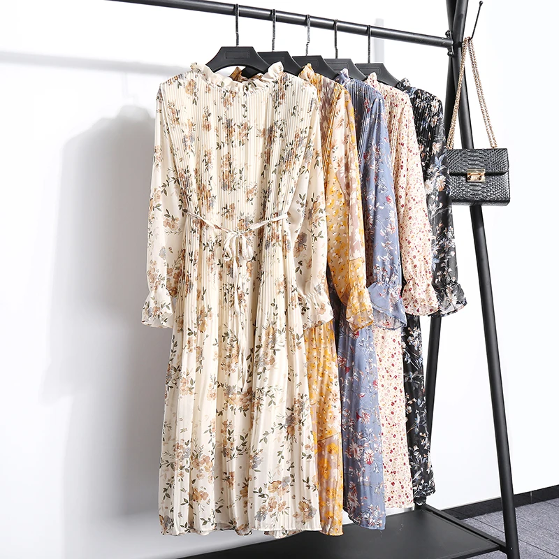 Женское шифоновое платье с длинным рукавом цветочным принтом и шнуровкой |