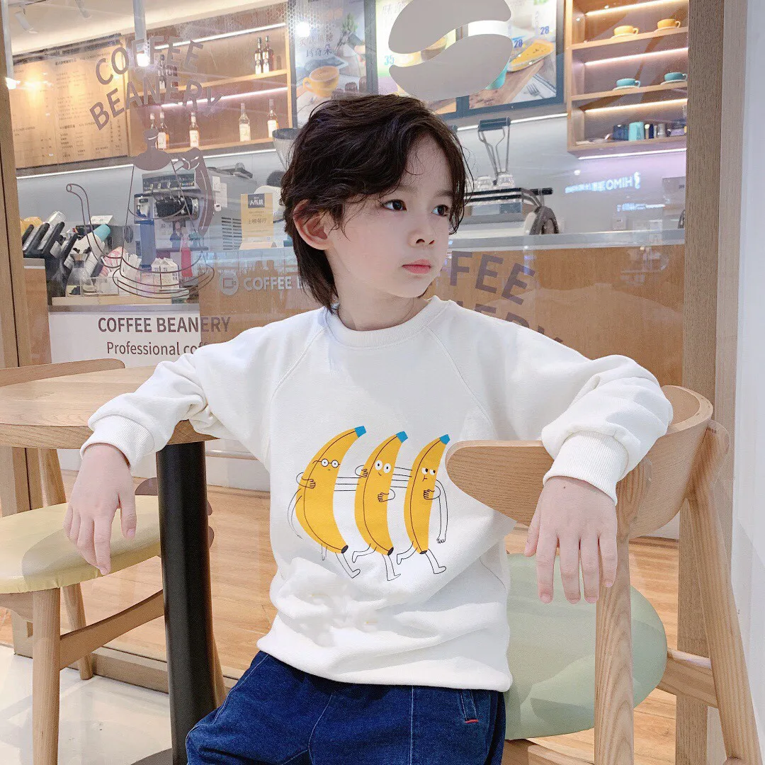 

Новинка 2021, высокое качество, с принтом фруктов, с круглым вырезом, бежевая, белая для детей, одежда для девочек и мальчиков, верхняя одежда