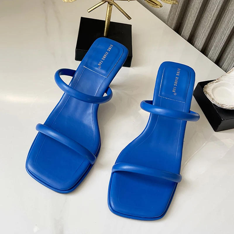 

High Heels Slippers Women 2022 New Square Toe Thin Heels Flip Flops Shoes Female Casual Outside Peep Toe Slides For Ladies Pumps