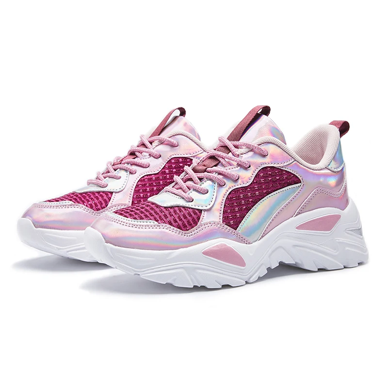 

Women Pink Non Slip Running Shoes Lace Up Wear-resistant Thick Bottom Daddy Shoe Thick Bottom Round Toe Breathable Sports Shoes