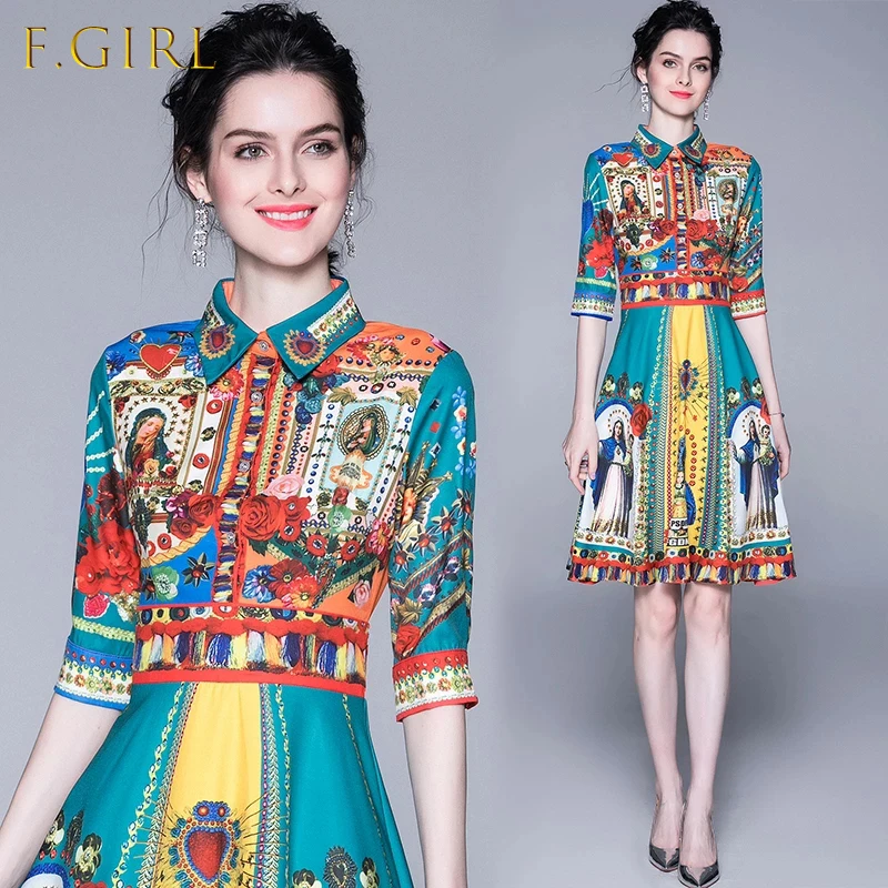 

Women High Waist National Style Print Dresses Vintage Turn-down Collar Slim Lady Women Casual Evening Party Meduim-Long Dresses