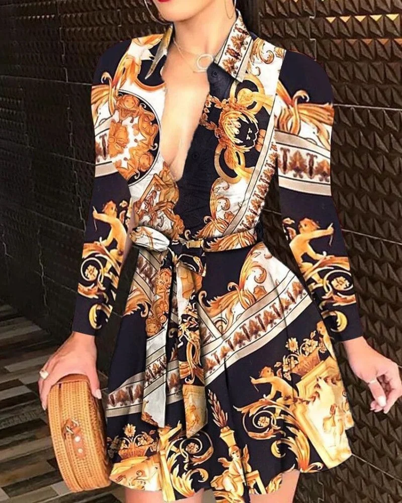 

2021 Summer New Sexy Print Long-sleeved V-neck Tie Fashion Casual Dress Women