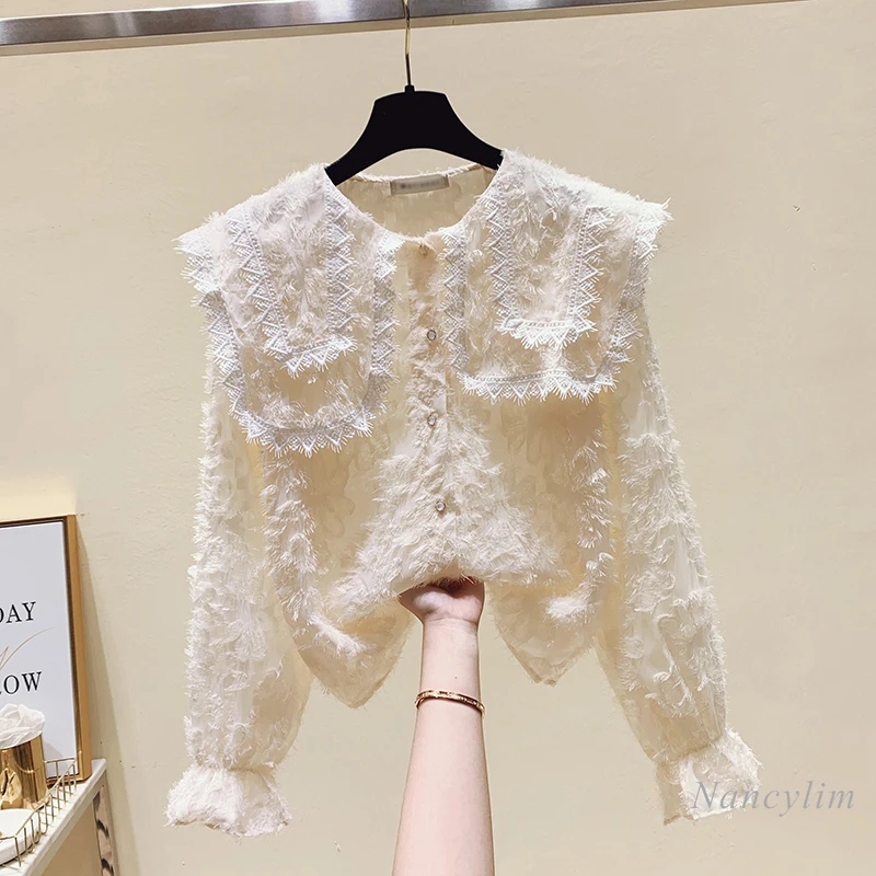 2021 Spring New Temperament Lace Chiffon Shirt Women's Doll Collar Blouse Female Top Blusas Mujer De Moda 2021