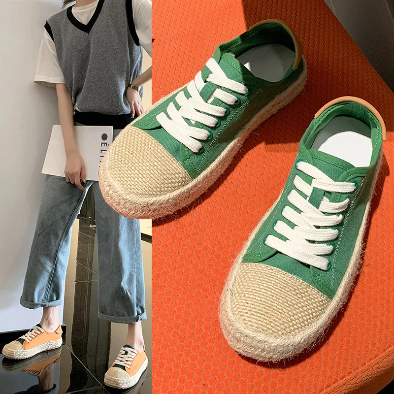 

Straw Espadrilles Summer Women Loafers Casual Lady Lace Shoes Orange Elegant Woman Casual Shoes Solid Net Yarn Flats