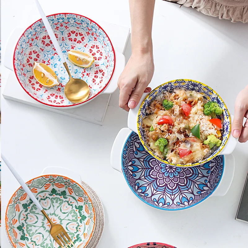 

9 Inch Hot Sale Artistic Round Baking Bowl Binaural Cheese Risotto Plate Cutlery Baking Tray Plates for Food Christmas Plate