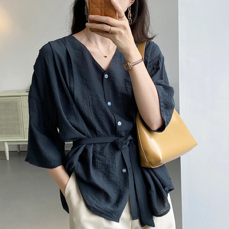 

SISPELL Lace Up Bowknot T Shirts For Female V Neck Long Sleeve High Waist Slimming Ssolid Color Women's Casual Shirt Fashion