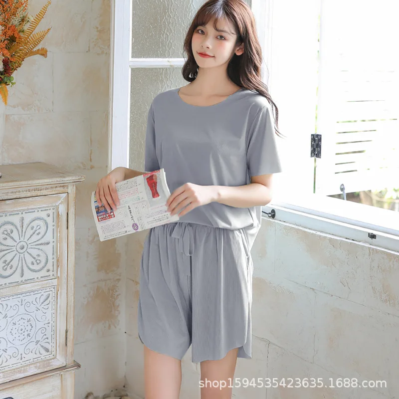 2021 Spring Summer New Ice Silk 2Pcs Women's Pajamas Set Solid Color Nightwear Fashion Home Clothes Sexy Sleepwear Sleeping Wear