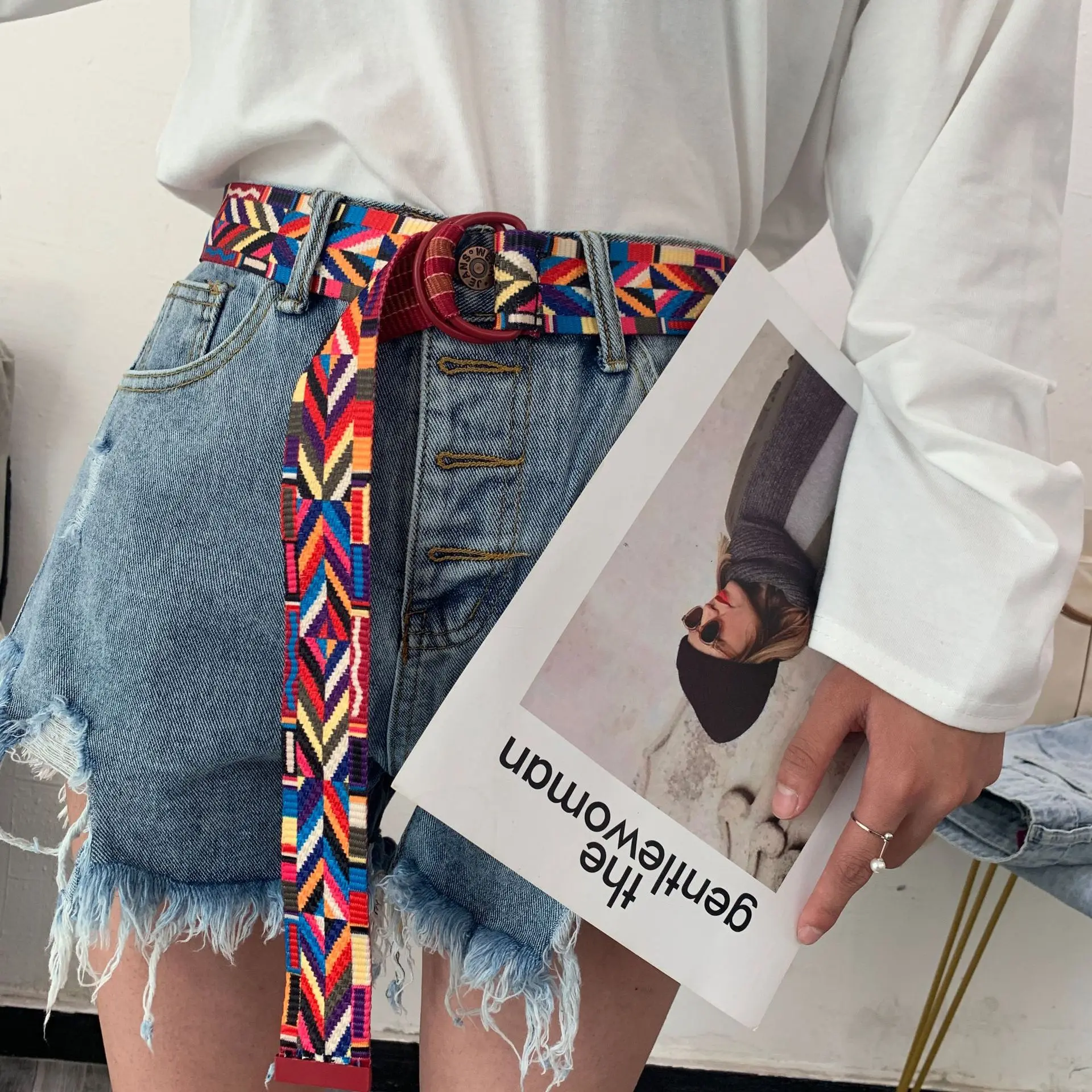 Женский брезентовый ремень AWAYTR длинный яркий с радужной пряжкой в этническом