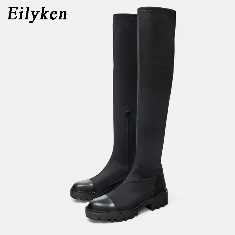 

Eilyken/осенне-зимние черные сапоги выше колена; Женская обувь; Эластичные длинные носки из лайкры на низком квадратном каблуке; Высокие сапоги...