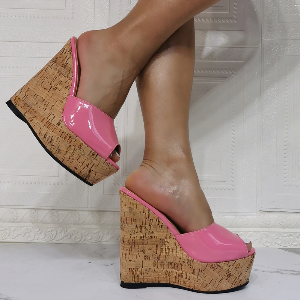

BONJOMARISA Big Size 47 Luxury Sexy Girls Peep Toe Pink Party Wedding Summer Sandals Patent PU Brand Platform Wedges Footwear