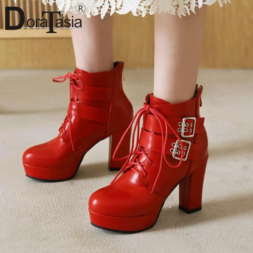 

DORATASIA Plus Size 33-48 Brand New Lady Thick High Heels Ankle Boots Fashion Lace-up Platform Boots Women Party OL Shoes Woman