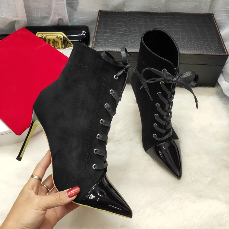 Online Tambahan Ukuran 34-45 Renda Hitam Suede Kulit Paten Patchwork Tipis High Heels Elegan Wanita Musim Dingin Sepatu Bot