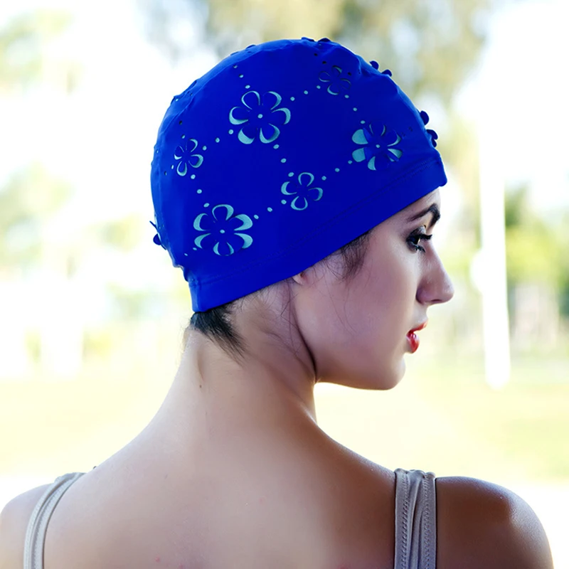 

2021 Women Elastic Fabric Long Hair Swim Bathing Suit Bather Pool Hat Ear Protection Swimming Caps Elasticity Skid Flowers