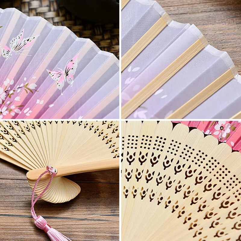 

Summer Vintage Bamboo Folding Hand Held Flower Print Fan Chinese Dance Party Pocket Gifts Wedding Colorful With Tassel