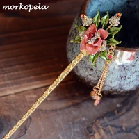 morkopela flower enamel hairpin jewelry vintage rhinestone banquet hair stick pins women charm hair accessories