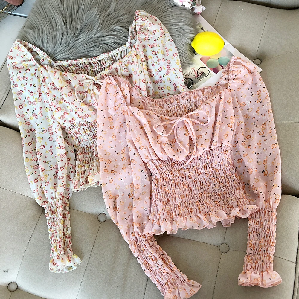 Шифоновые рубашки с квадратным воротником и милым цветочным принтом