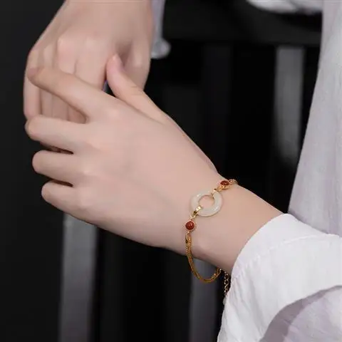 

Niche Design Palace Style Hetian White Jade South Red Peace Buckle Sterling Silver Gold-Plated Necklace Bracelet Set for Women L