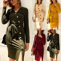spot 2020 europe and america fashion leisure solid color hot sale v neck knitted dress