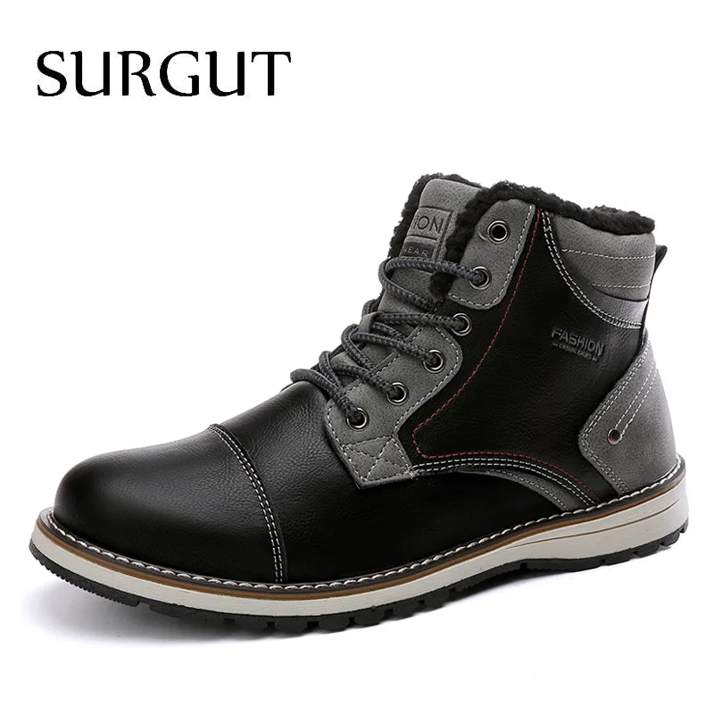 02 Black SURGUT/Новинка года; зимние теплые мужские ботинки на меху; кожаные водонепроницаемые зимние ботинки; обувь для пустыни; удобные мотоциклетные ботильоны - Цвет: 02 Black