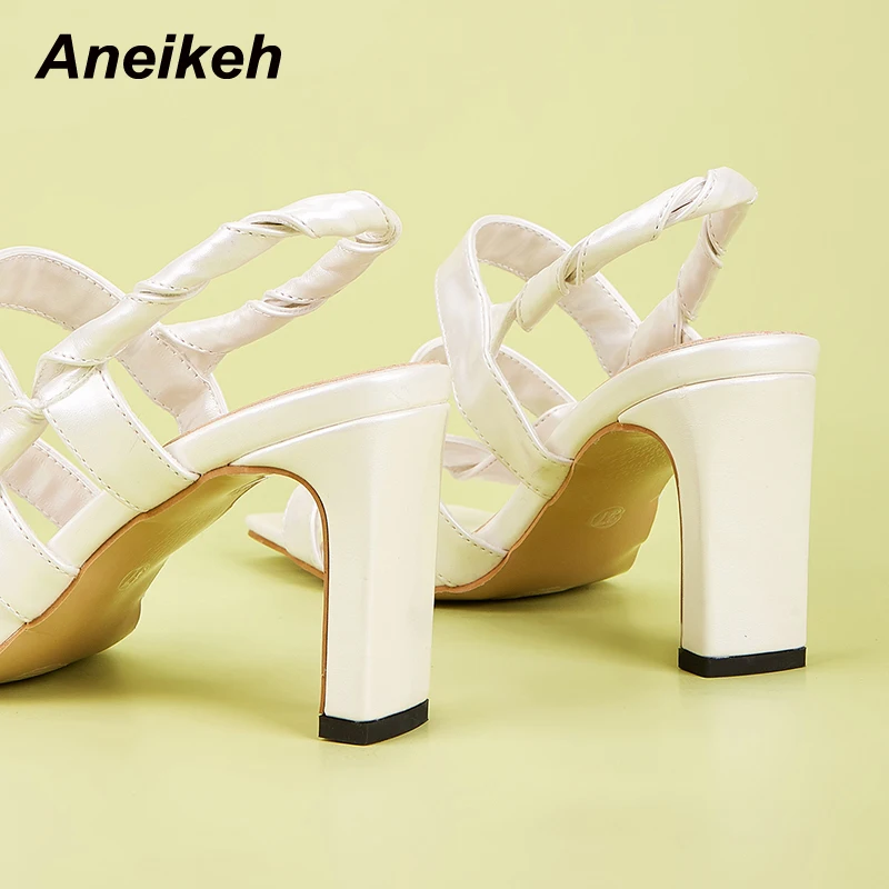 

Aneikeh 2021 New PU Fashion Peep Toe Sandals Women's Summer Sewing Thin Heels Shoes Dress Basic Solid Slip-On Classics Pleated