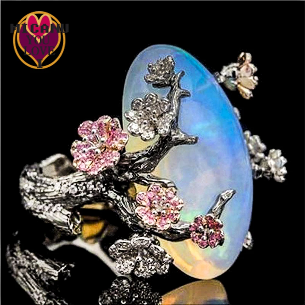 Кольцо опал Лунный Камень Роскошный цветок луна в винтажном стиле ангела женские