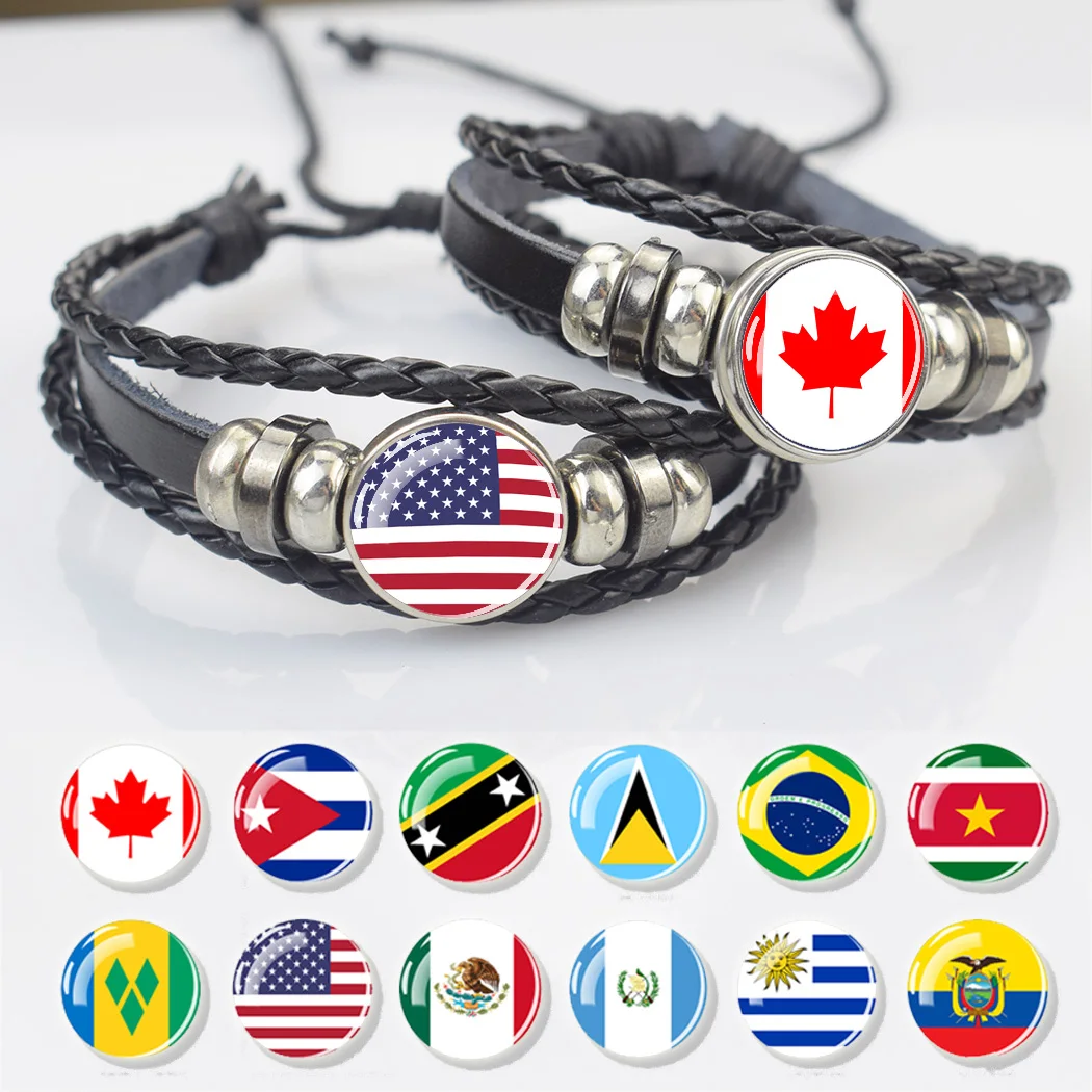 

Esspoc Steampunk Luminous Bracelet Handwoven Black Leather Bangles National Country Flags Glass Cabochon Bracelets Dropshipping