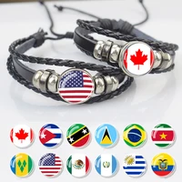 esspoc steampunk luminous bracelet handwoven black leather bangles national country flags glass cabochon bracelets dropshipping