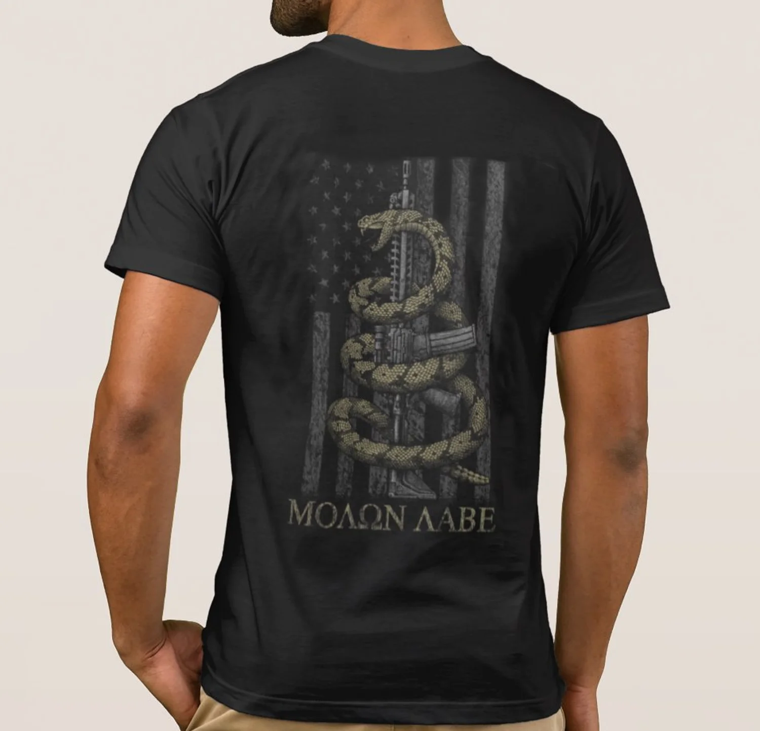 

Creative Design American Flag AR-15 Coiled Rattlesnake Molon Labe T-Shirt. Summer Cotton Short Sleeve O-Neck Mens T Shirt New