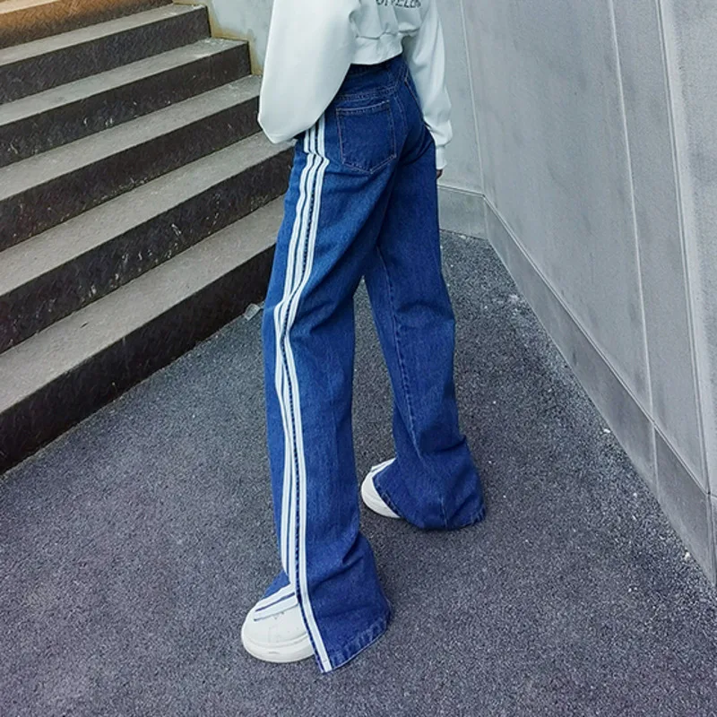 

SHENGPALAE Streetwear White Side Striped Jeans Women's Spring 2021 New High Waist Split Straight Denim Pants Female Tide SH080