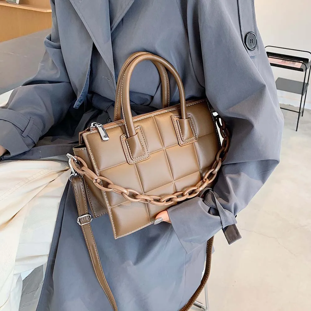 

Elegant Ladies Plaid Tote Bag 2021 INS Fashion Women PU Leather Crossbody Female Acrylic Thick Chain Bag Vintage Messenger Bag