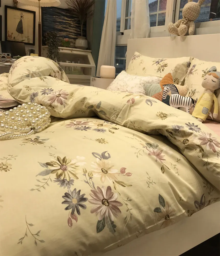 

Комплект постельного белья с цветочным принтом, винтажный пасторальный одинарный двойной хлопковый двойной полный Королевский домашний текстиль, простыня, наволочка, пододеяльник