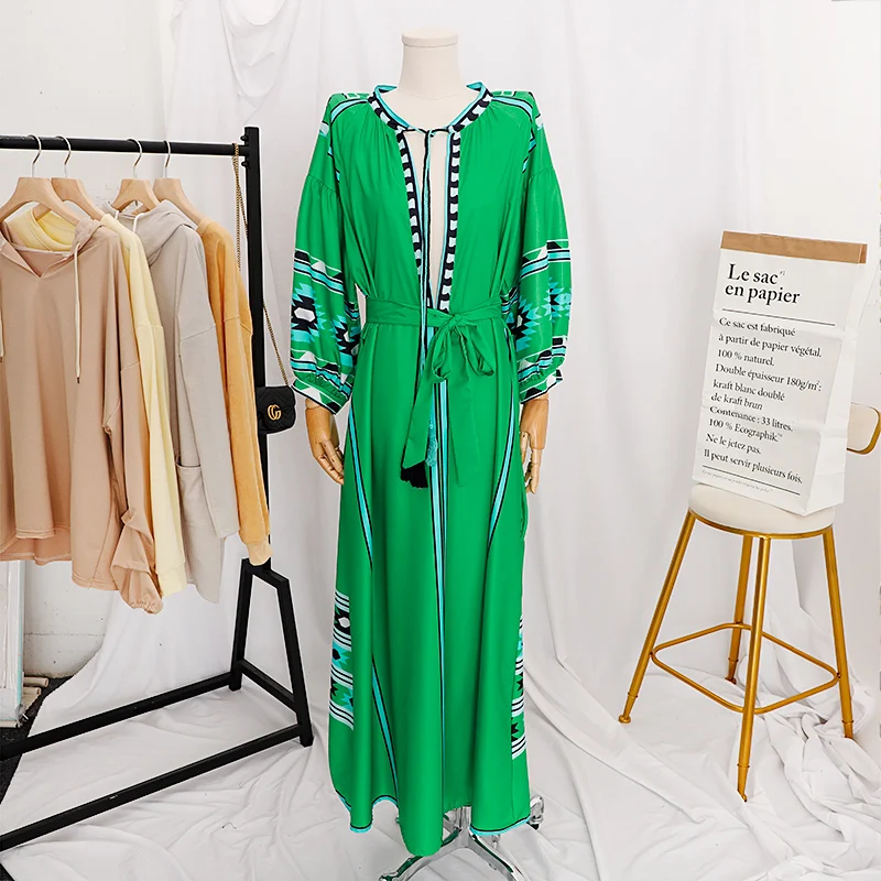 

Spring Tribal Print Women Long Dresses V-Neck Puff Sleeve Tassel Vacation Ladies Dress 2021 Autumn Casual Loose Female Clothes