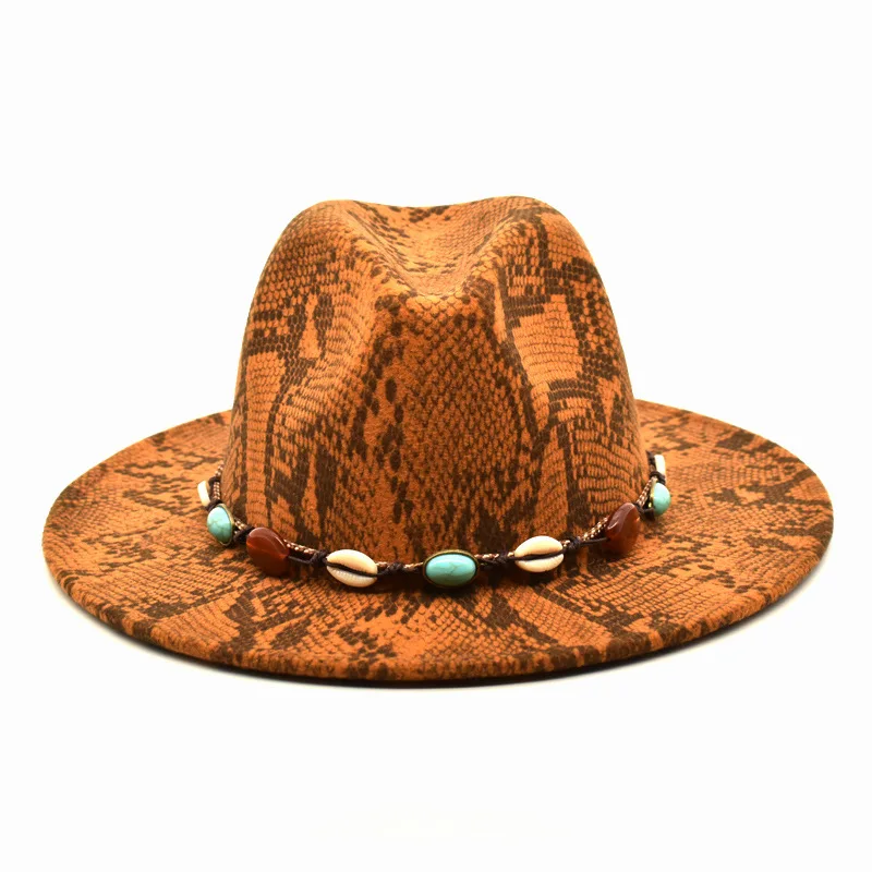 

ZLD women Fedoras hat Snake print jazz hats fashion Big brim Felt hat British Style classic men Cowboy caps ladies Winter cap